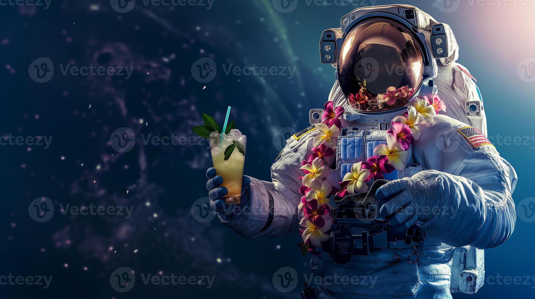 This space traveler enjoys a refreshing drink, wearing a floral lei in a weightless setting. photo