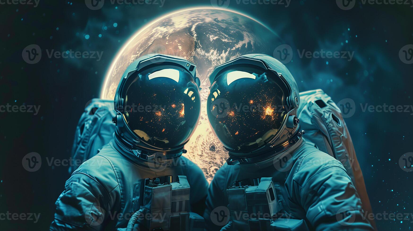 This Two astronauts pose against Earth's bright colors, stars reflecting in their helmets. photo