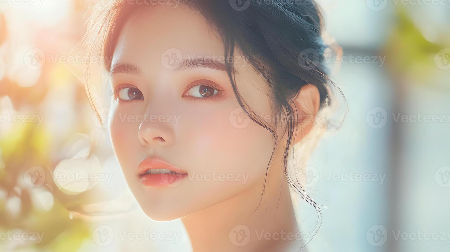 Radiant korean visage under luminous sunlight, capturing purity and captivating allure with a tender gaze photo