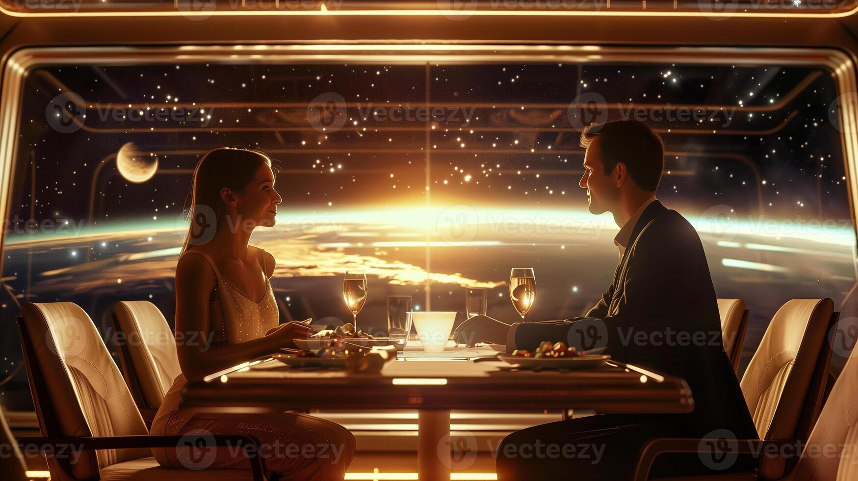 This Two guests enjoy a romantic meal in a luxurious space hotel, gazing at Earth and stars. photo