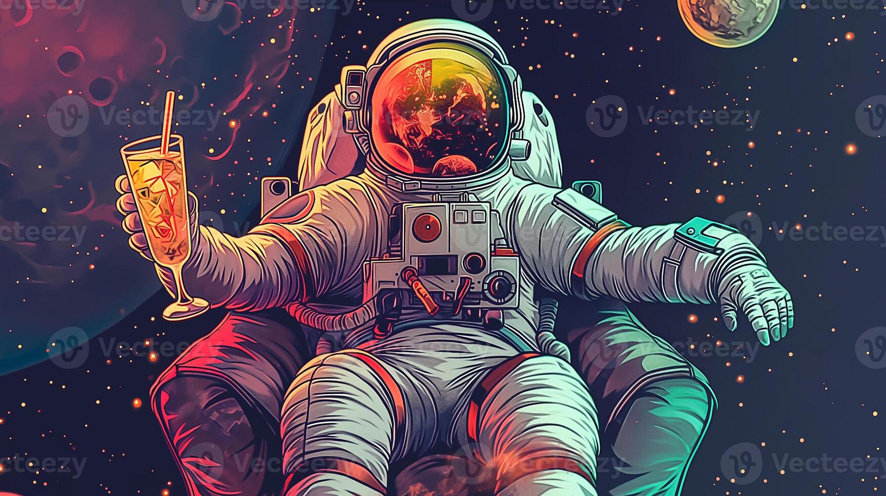 This astronaut lounges with a cocktail in a space hotel, enjoying the view of distant planets. photo