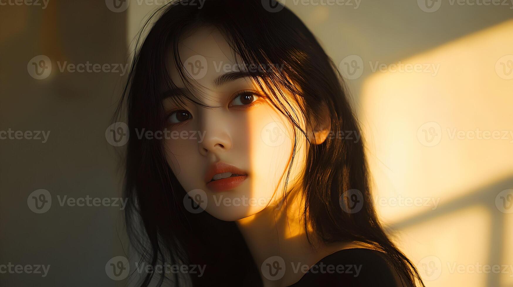 Enigmatic asian woman bathing in golden light, her features highlighted by soft shadows photo