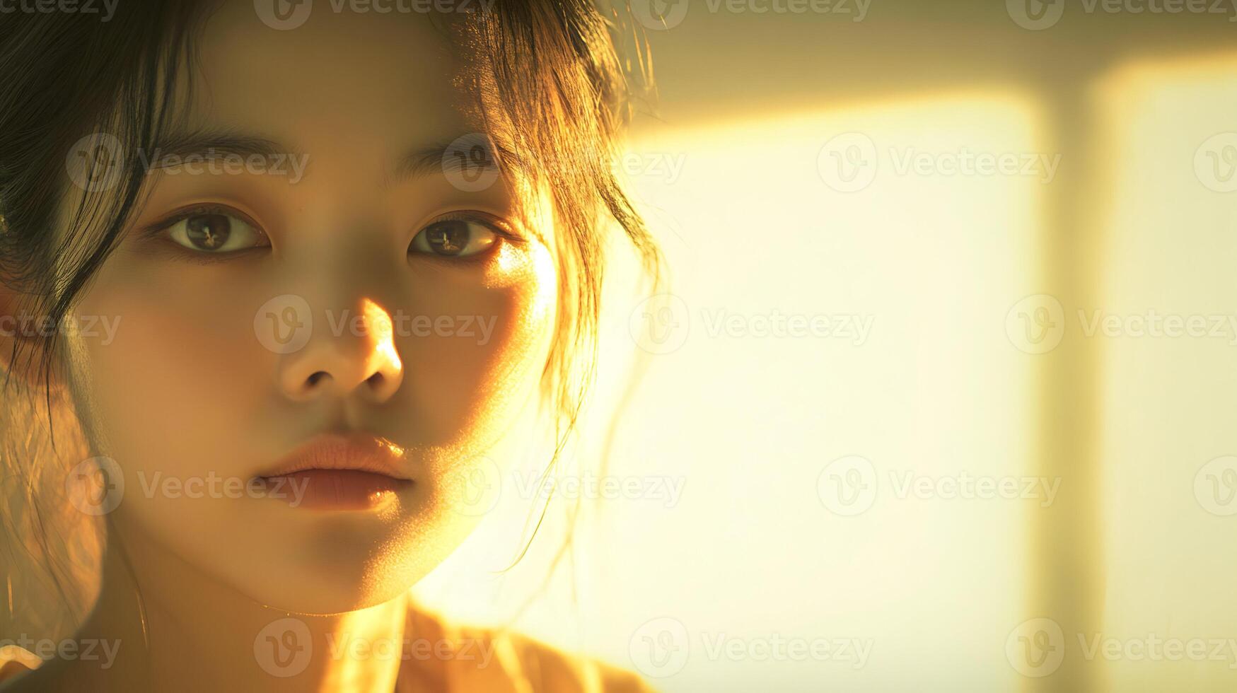 Radiant Serenity An Asian Woman Bathed in Golden Light Offers Calmness and Inner Peace photo