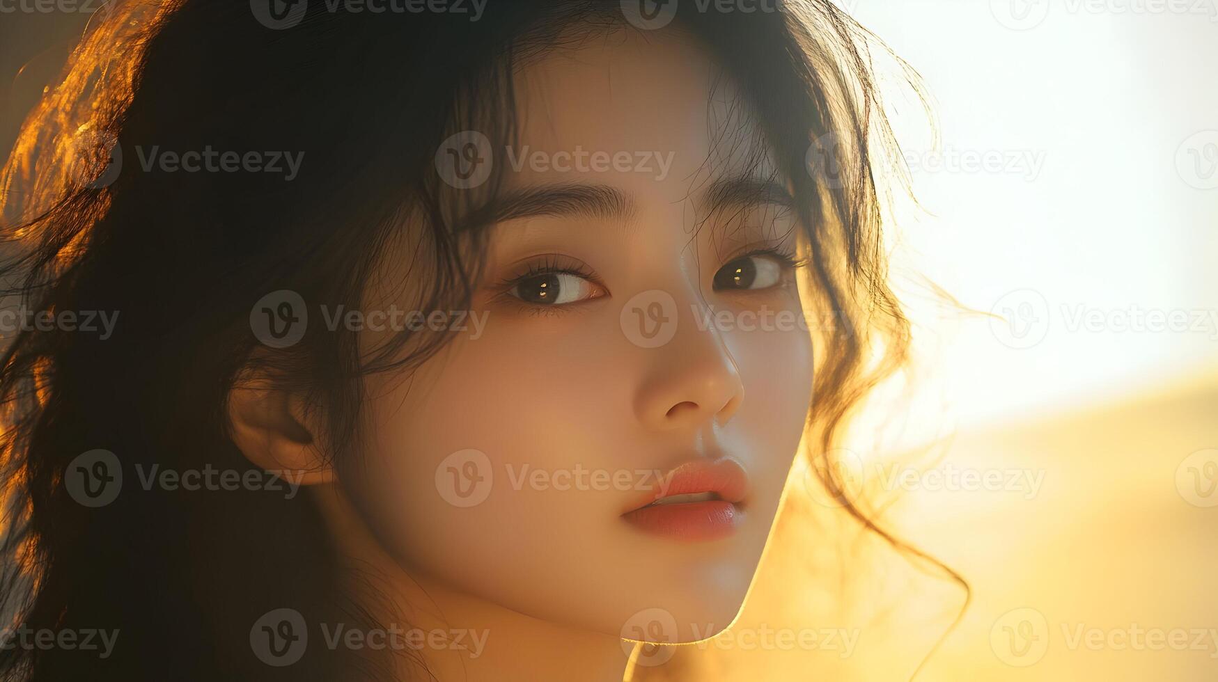 Radiant portrayal of serene asian female bathed in soft golden light, exhibiting refined beauty photo