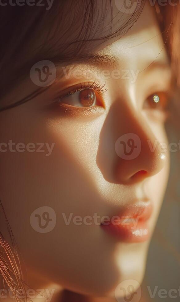 Close-up captivating portrait showcasing radiant asian woman's ethereal beauty in gentle light photo