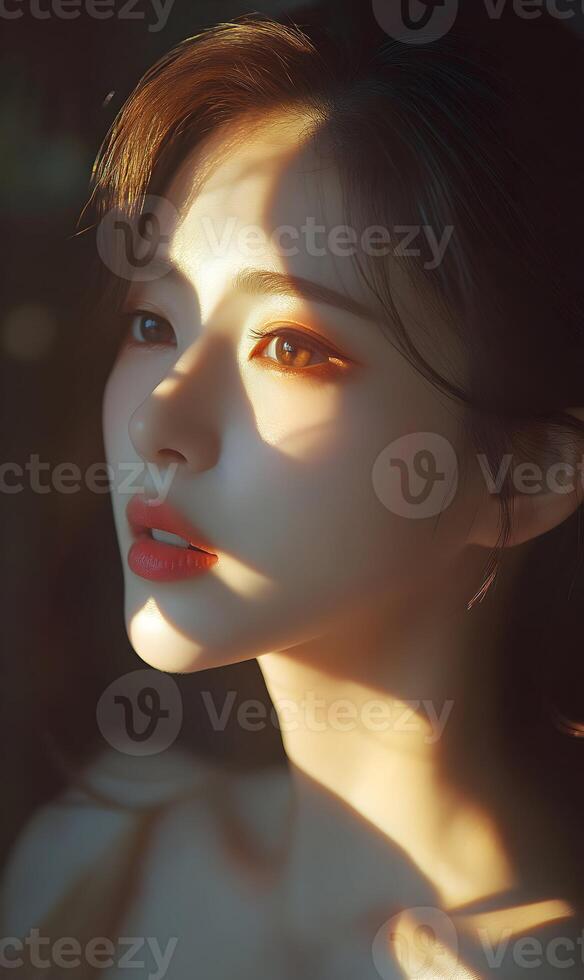 Serene portrait of an asian woman bathed in the golden light, conveying calmness and grace photo