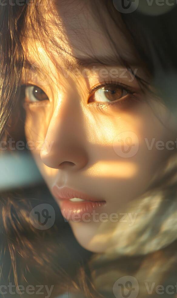 Intimate close-up portrait capturing the captivating beauty of an asian woman with light interplay photo