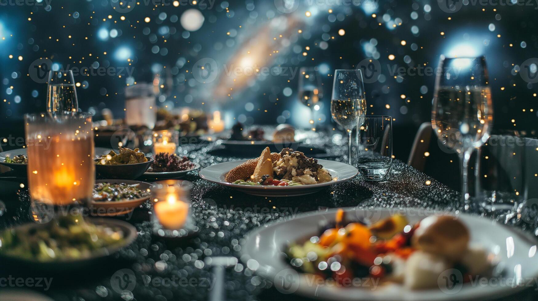 This Guests savor gourmet dishes while enjoying a stunning view of the cosmos. photo