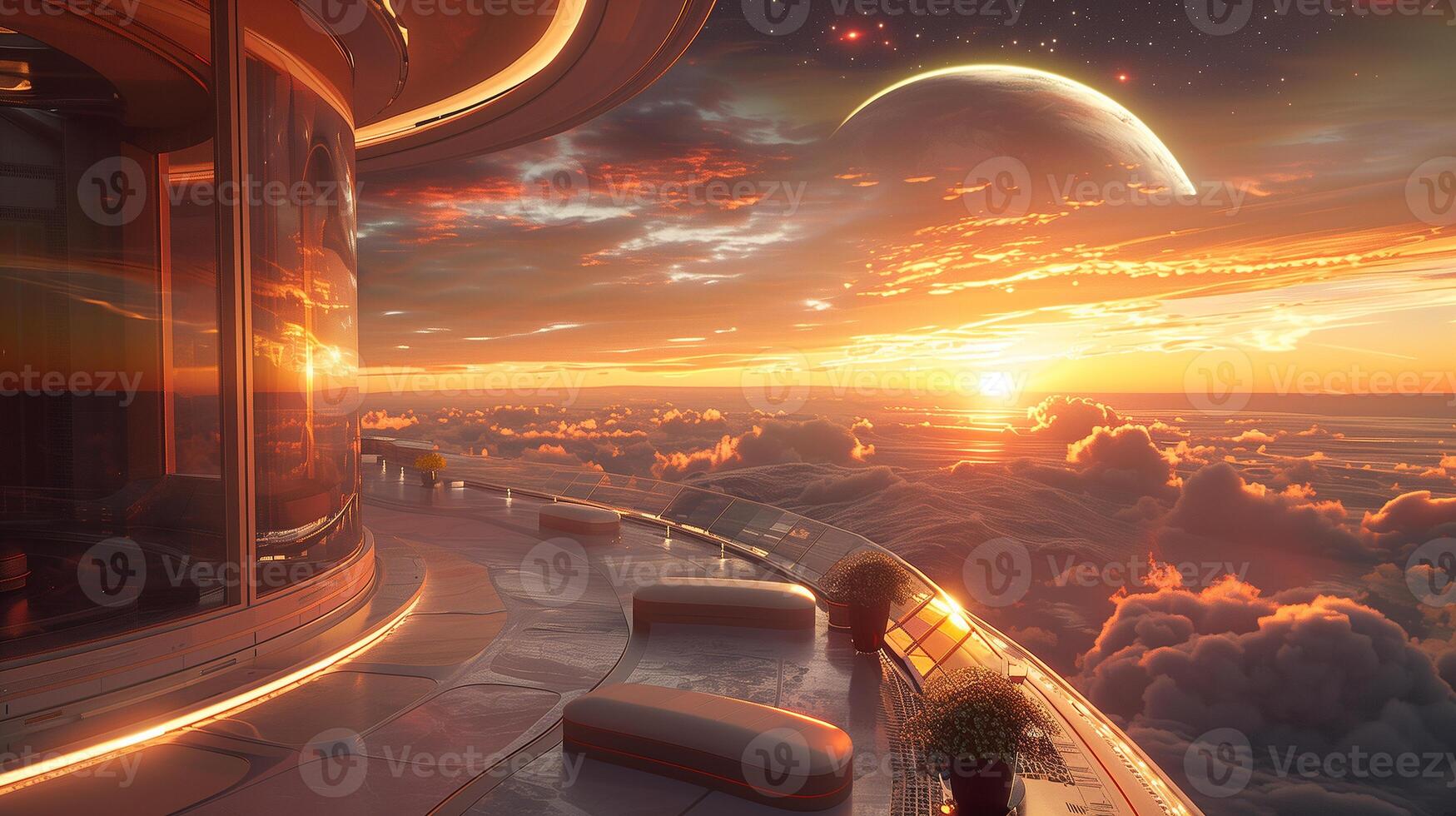This Passengers relax on a balcony overlooking colorful clouds and distant planets at sunset. photo