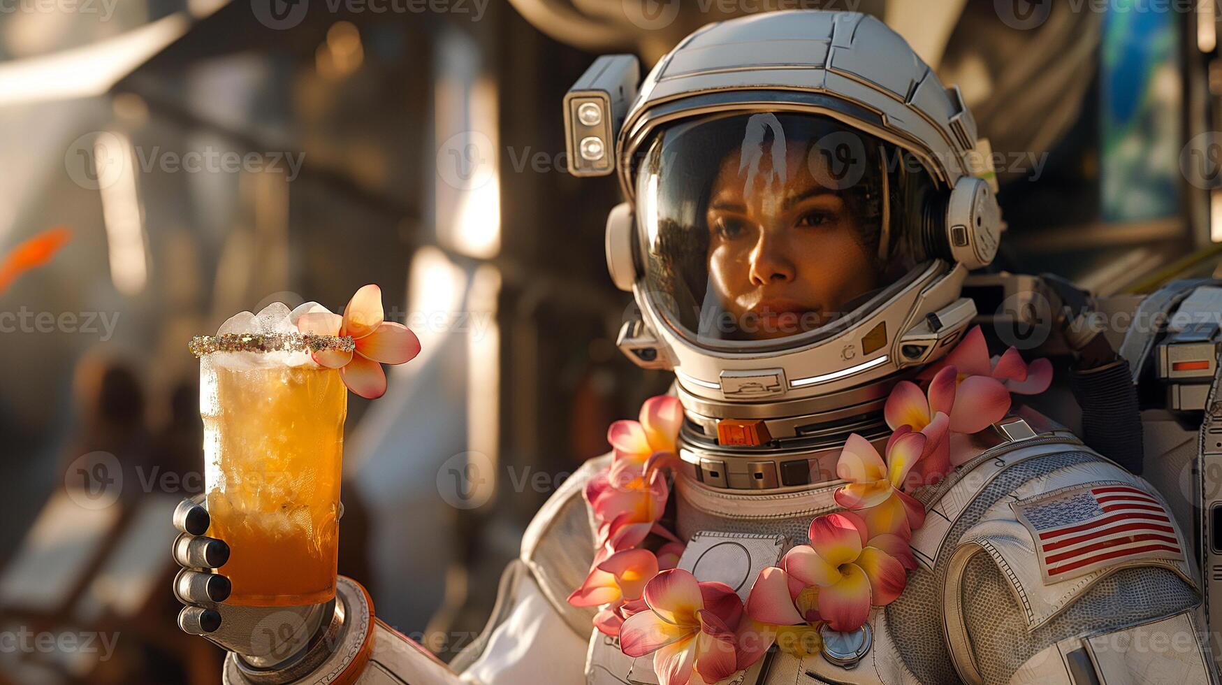 This relaxed astronaut enjoys a tropical drink in a futuristic space tourism environment. photo