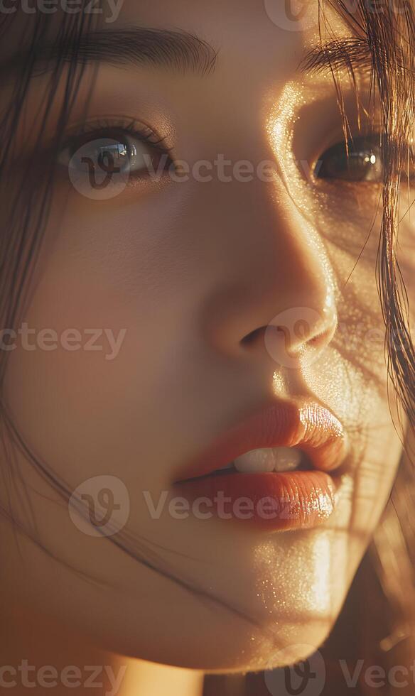 Radiant beauty portrait with warm light illuminating serene asian woman's face photo