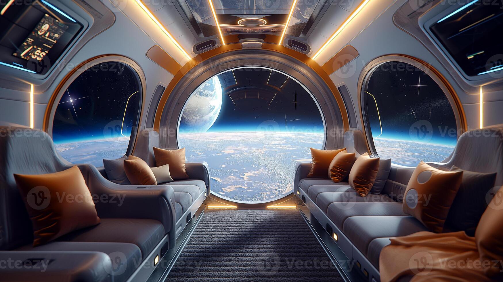 This Room designed for space travelers showcasing Earth and the universe through large windows. photo