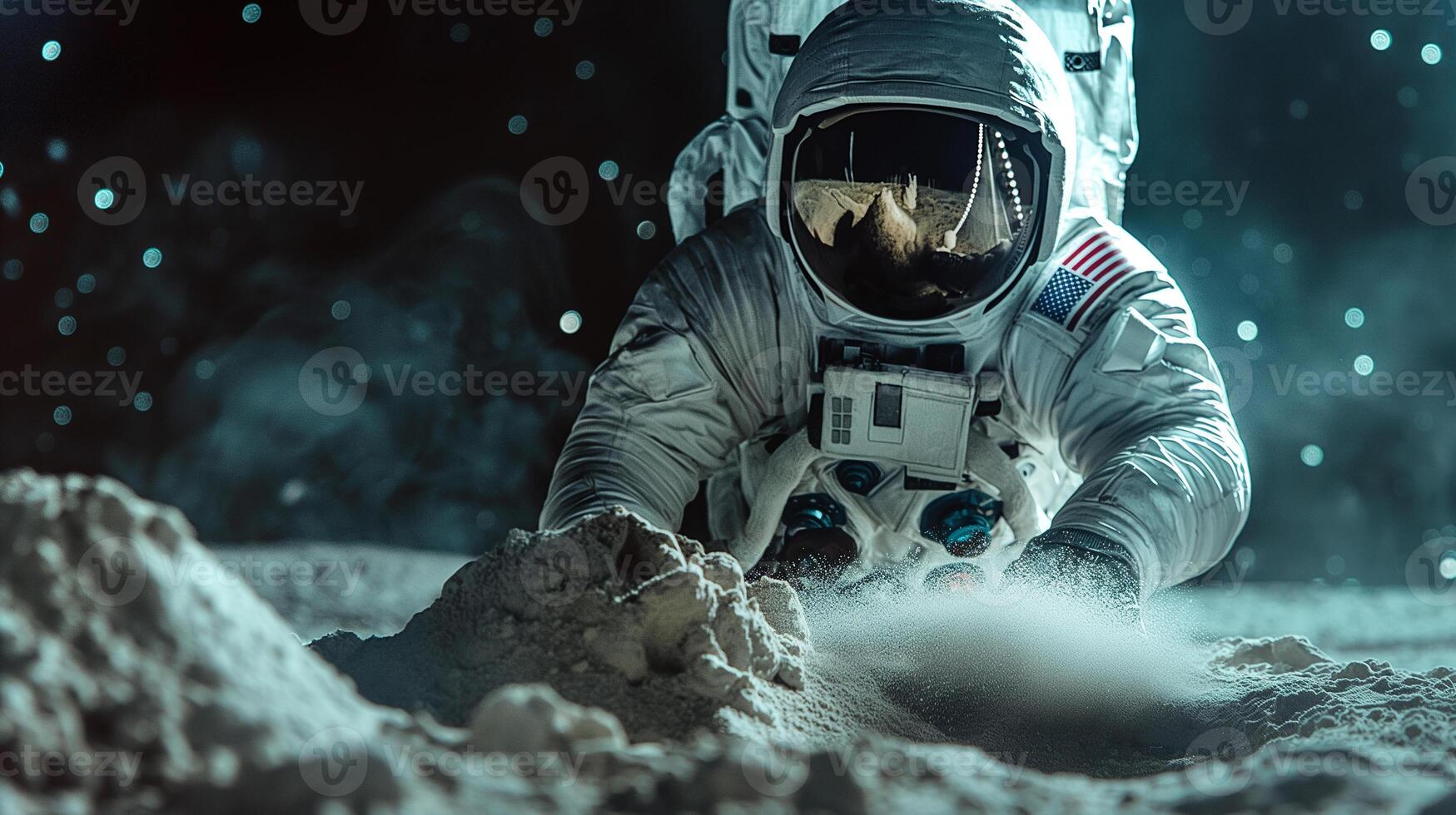 This astronaut investigates lunar soil while preparing for a space tourism event at night. photo