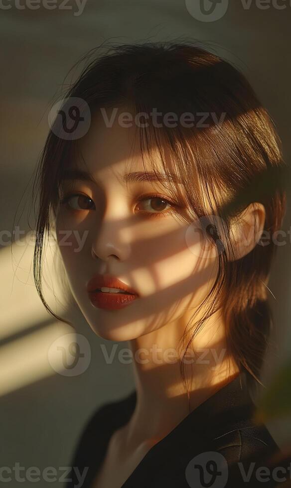 Ethereal asian female portrait bathed in golden light with soft shadows and expressive gaze photo