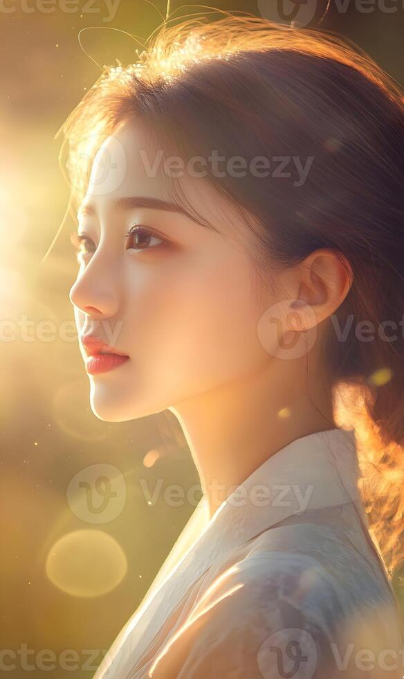 Serene asian beauty bathed in light with a tranquil look conveying inner peace and balance photo