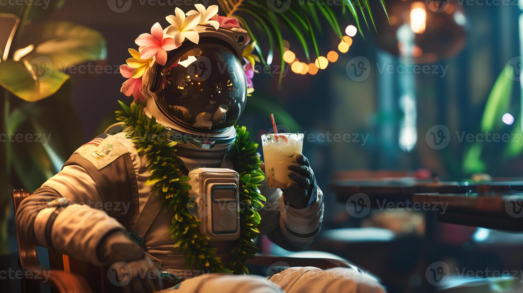 This astronaut relaxes in a lively space bar, sipping a drink amid lush greenery. photo