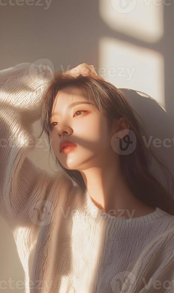 Asian beauty bathed in golden light, a portrait of radiant complexion and serene ambiance photo
