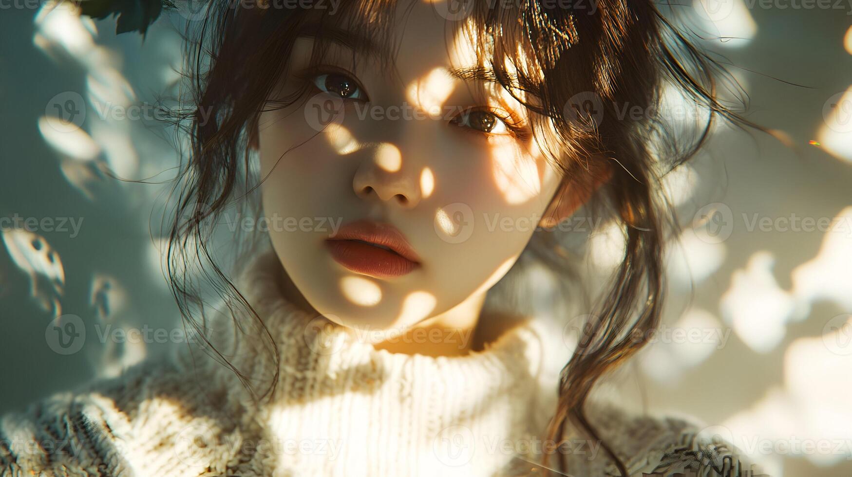 Portrait of a beautiful young woman illuminated by dappled sunlight creating a warm aesthetic photo