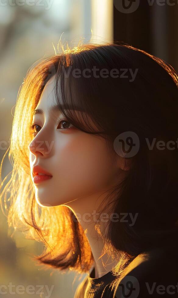 Introspective Gaze Warm Light a Portrait of an Elegant Woman Contemplating the Light photo