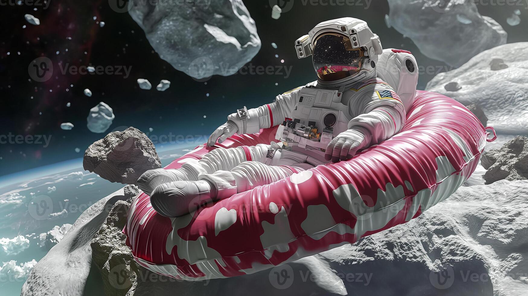 This astronaut relaxes on a colorful raft among floating asteroids. photo
