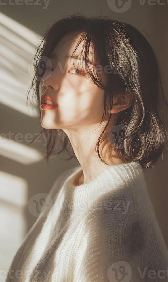 Elegant portrait of a serene asian woman bathed in soft light and shadows, indoor light photo