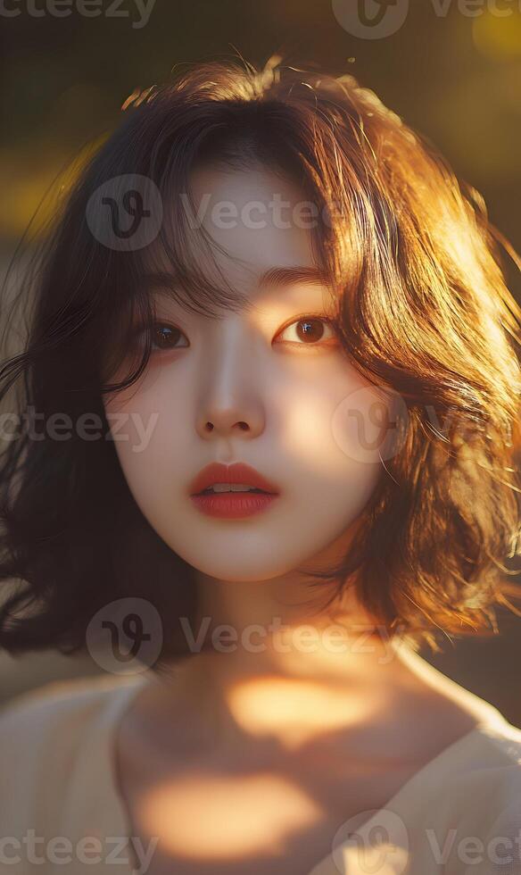 Radiant Asian Woman with Soft Light Highlighting Her Natural Beauty and Elegant Facial Features photo