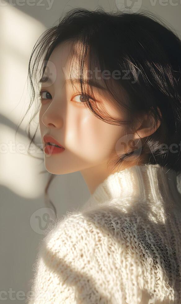 Serene asian beauty bathed in soft light, portrait of tranquil and youthful grace photo