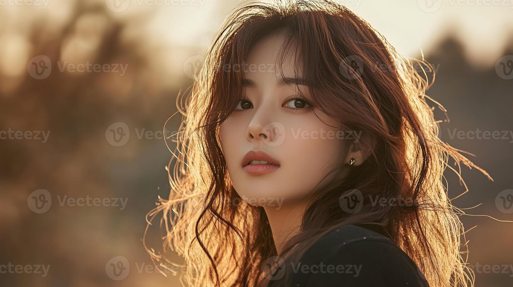 Captivating portrait of a beautiful Asian woman with glowing light and gentle expression. photo