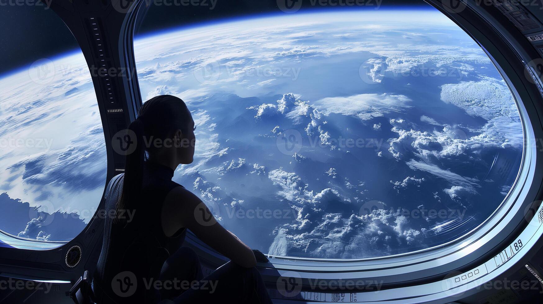 This passenger gazes at Earth from a spaceplane window during a suborbital flight. photo