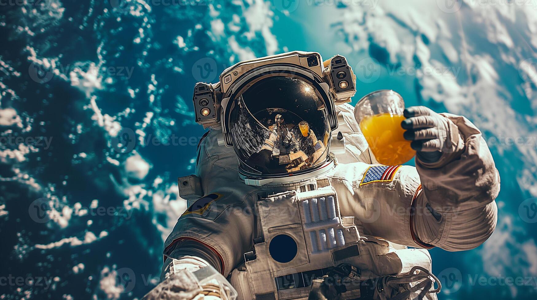 This Astronauts savor a drink in suborbital space surrounded by breathtaking views of Earth. photo