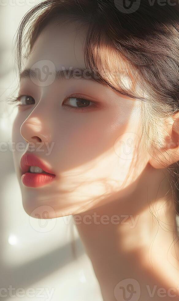 Asian beauty portrait bathed in soft morning light, captivating minimalist aesthetic image photo