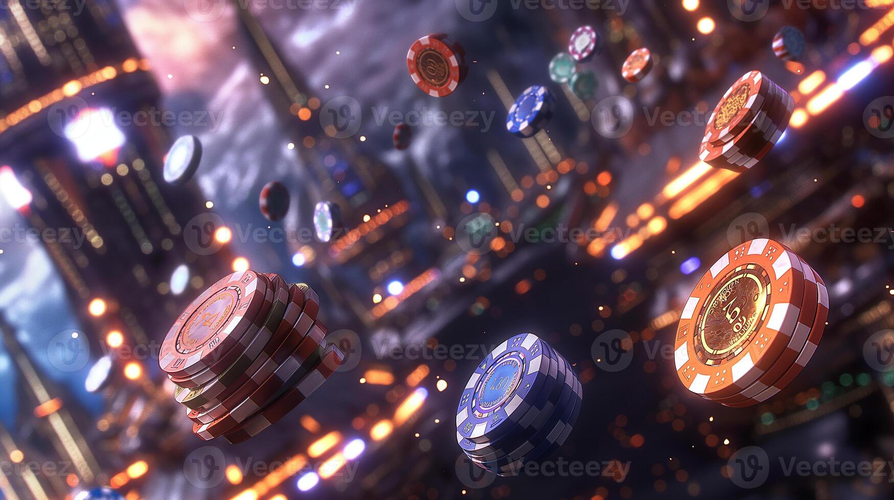 This Futuristic Zero-Gravity Space Casino with Floating Poker Chips and Neon Lights Sci-Fi Space Tourism Concept photo