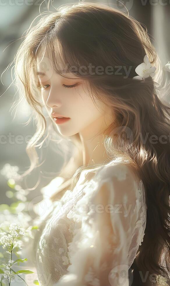 Ethereal beauty portrait of serene Asian woman with flower in her hair, dreamy light and graceful photo