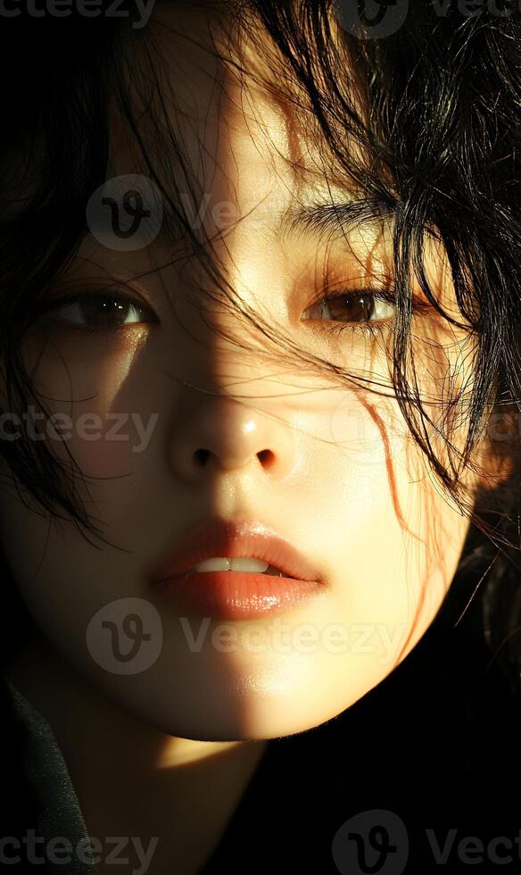 Portrait of a beautiful Asian woman with soft, diffused natural lighting, creating an elegant atmosphere photo