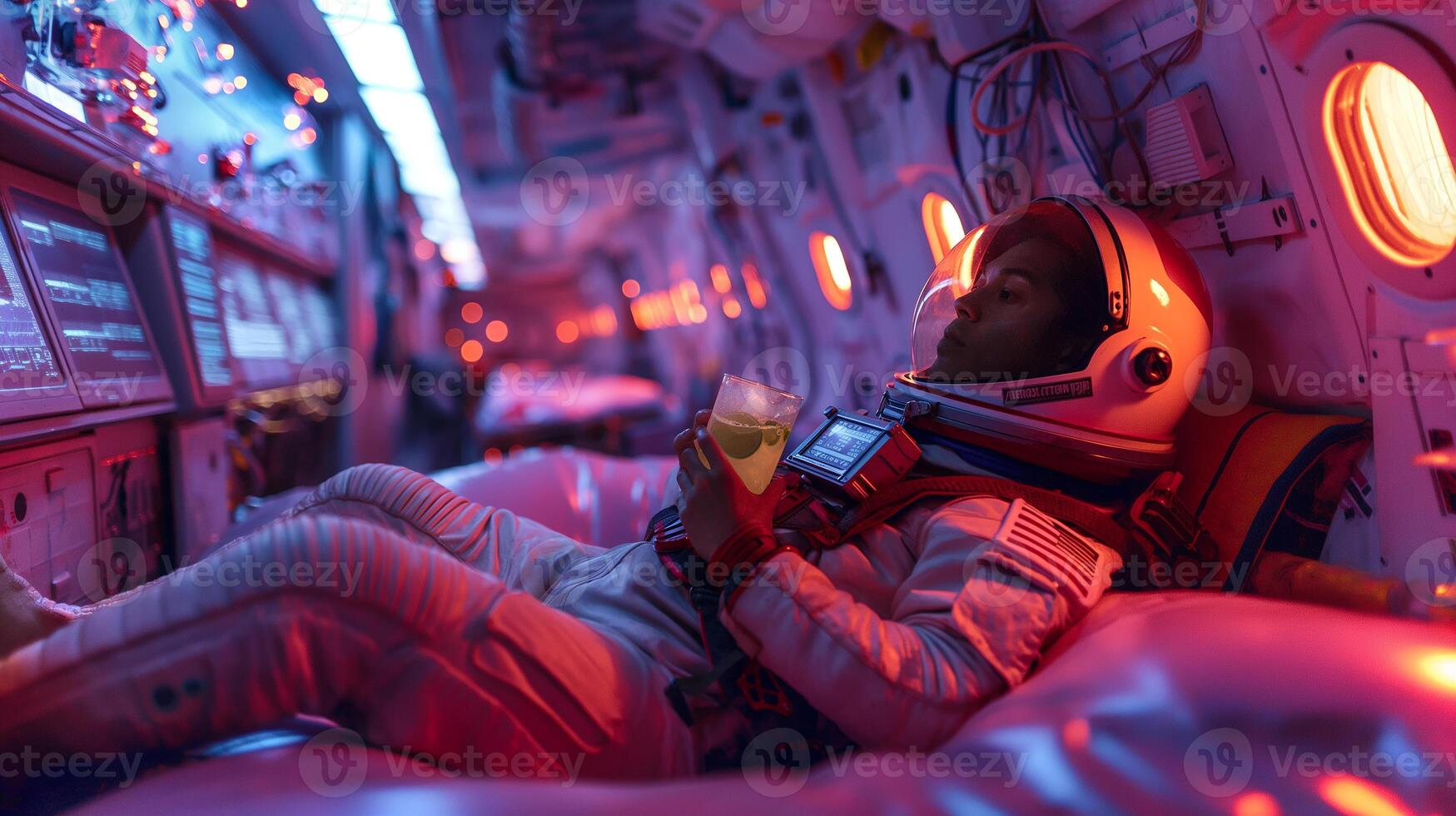 This Astronaut relaxes in a futuristic spaceplane interior while enjoying a beverage in zero gravity. photo