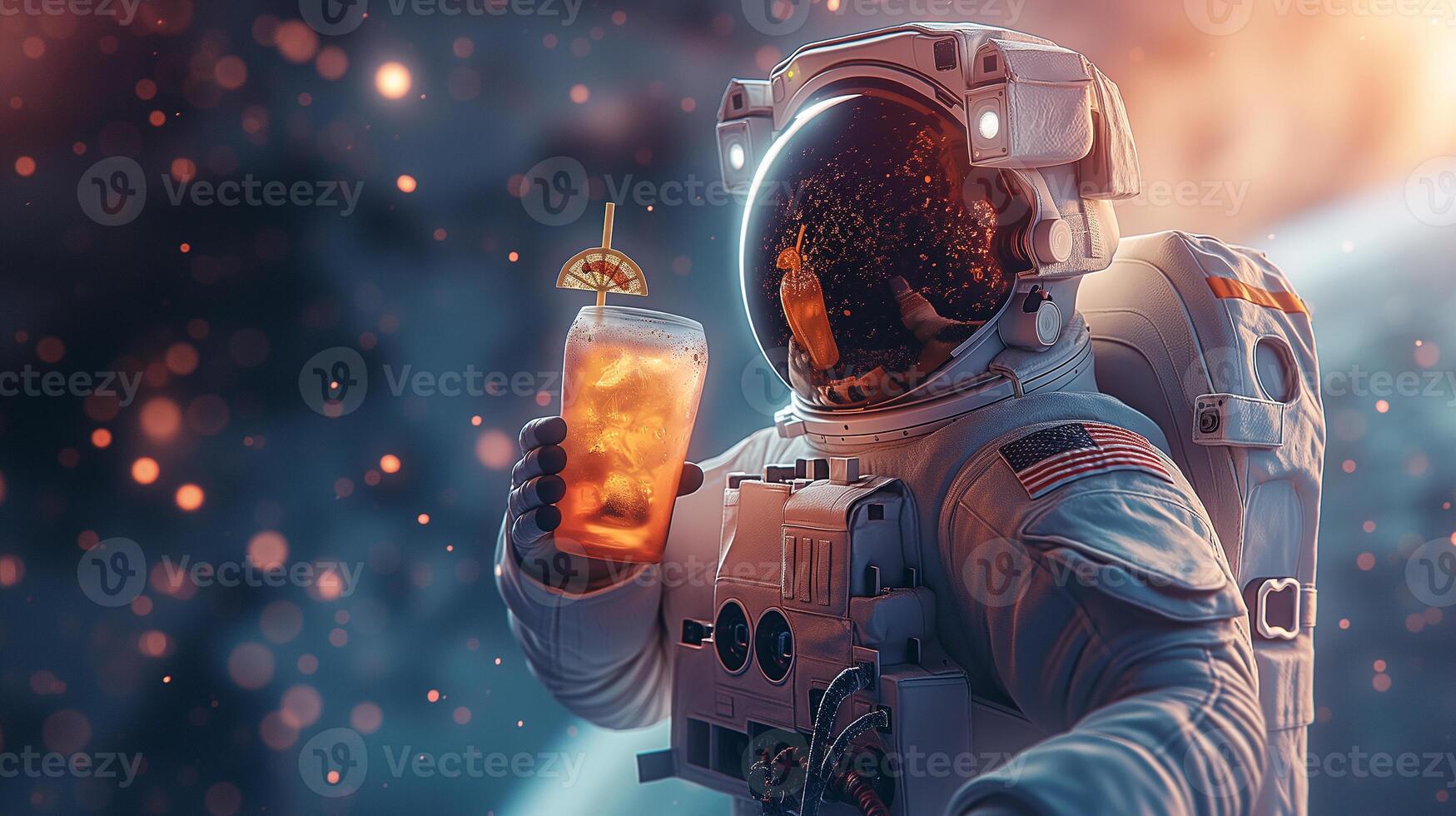 This astronaut enjoys a beverage while floating in space, showcasing leisure in suborbital travel. photo