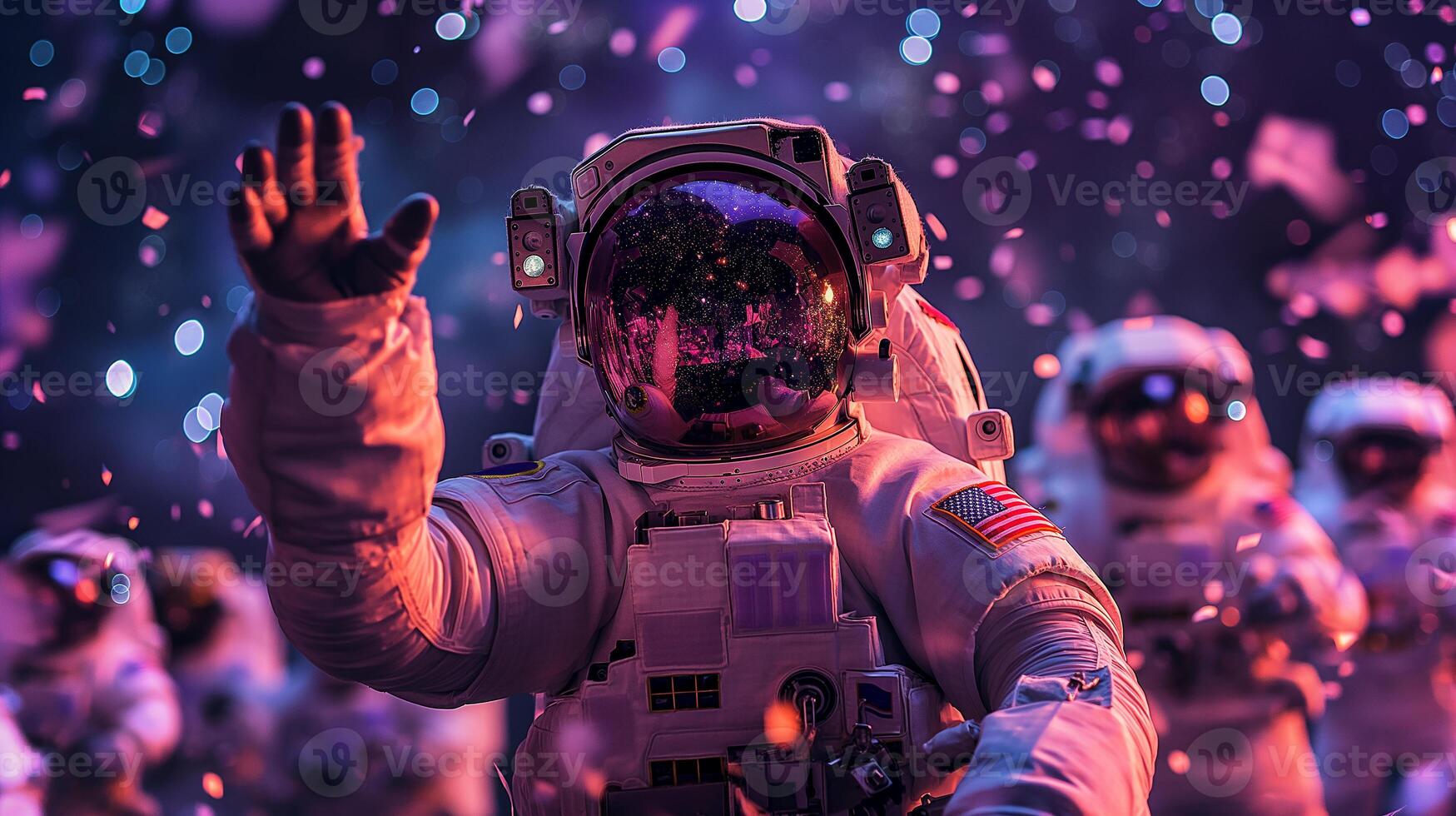 This Astronauts wave and celebrate in a vibrant suborbital environment filled with confetti. photo