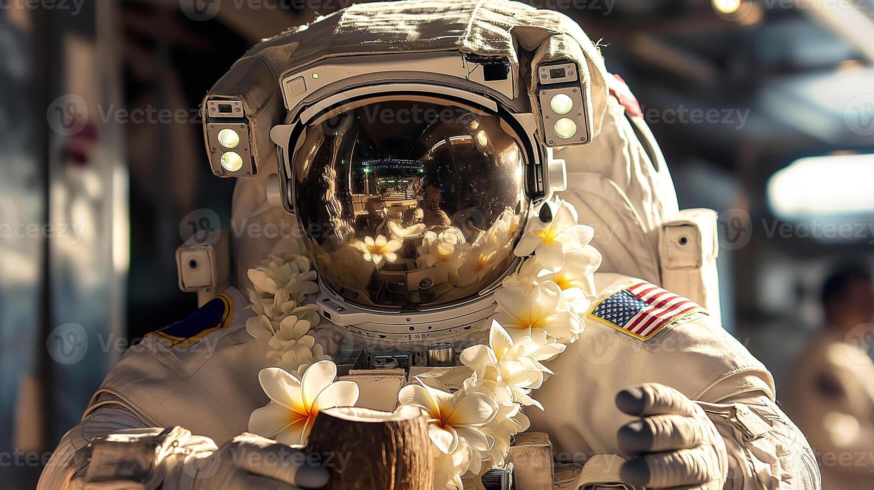 This Astronaut enjoys a tropical drink and flower lei during a suborbital space tourism trip. photo