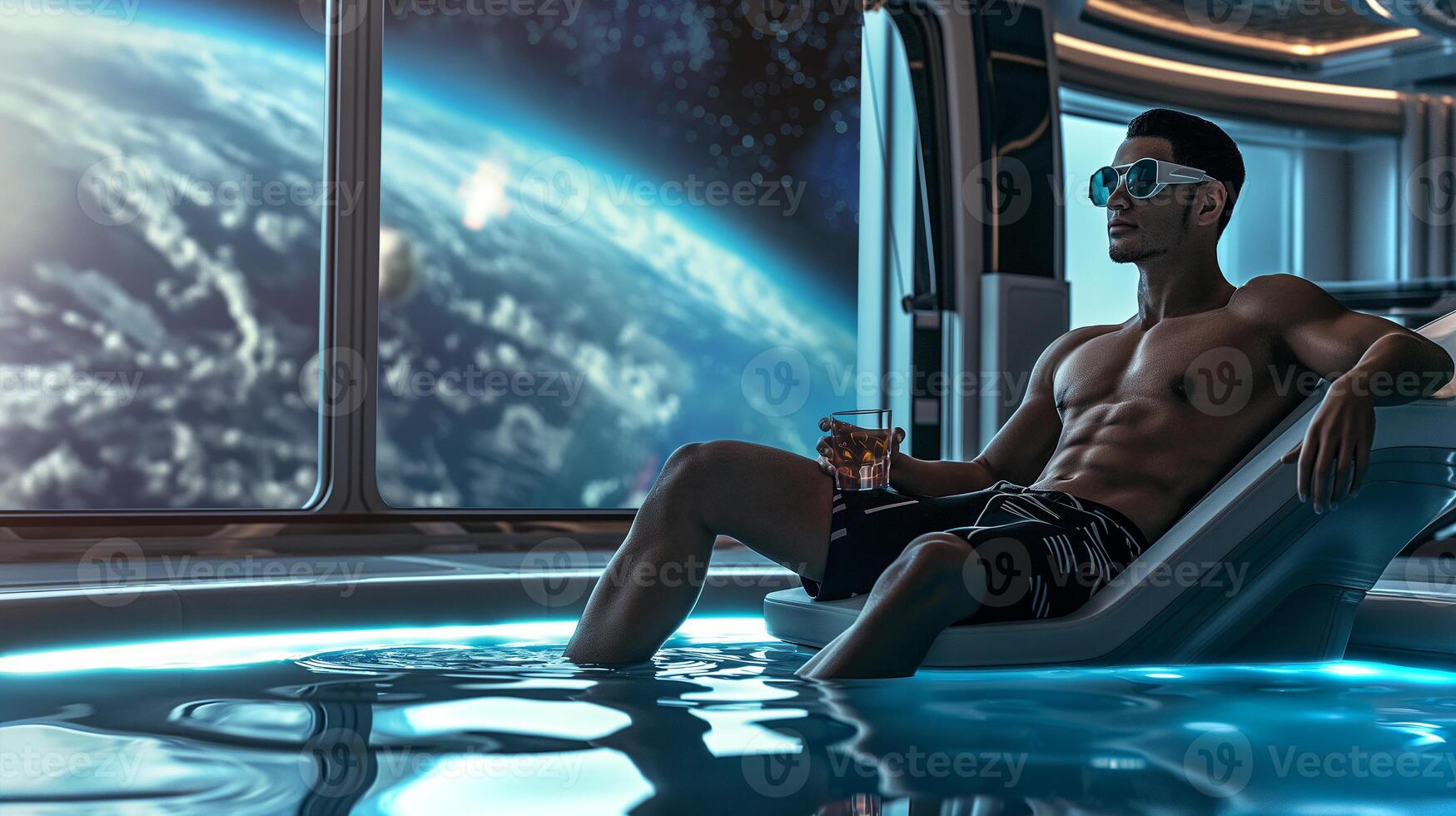 This passenger enjoys leisure time in a zero-gravity pool, sipping a drink and gazing at Earth. photo
