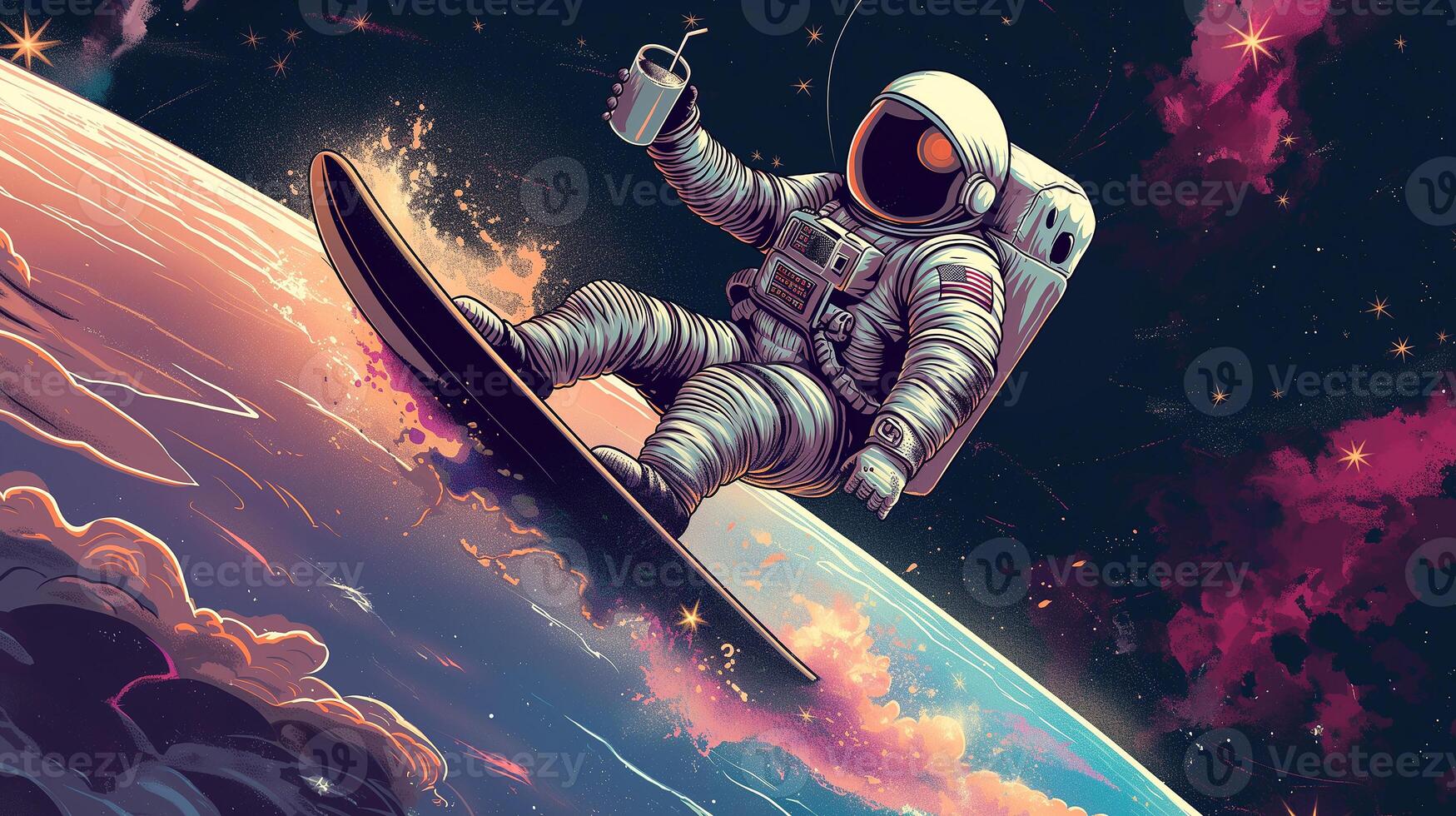 This astronaut sips a drink on a surfboard in low Earth orbit, highlighting space tourism. photo
