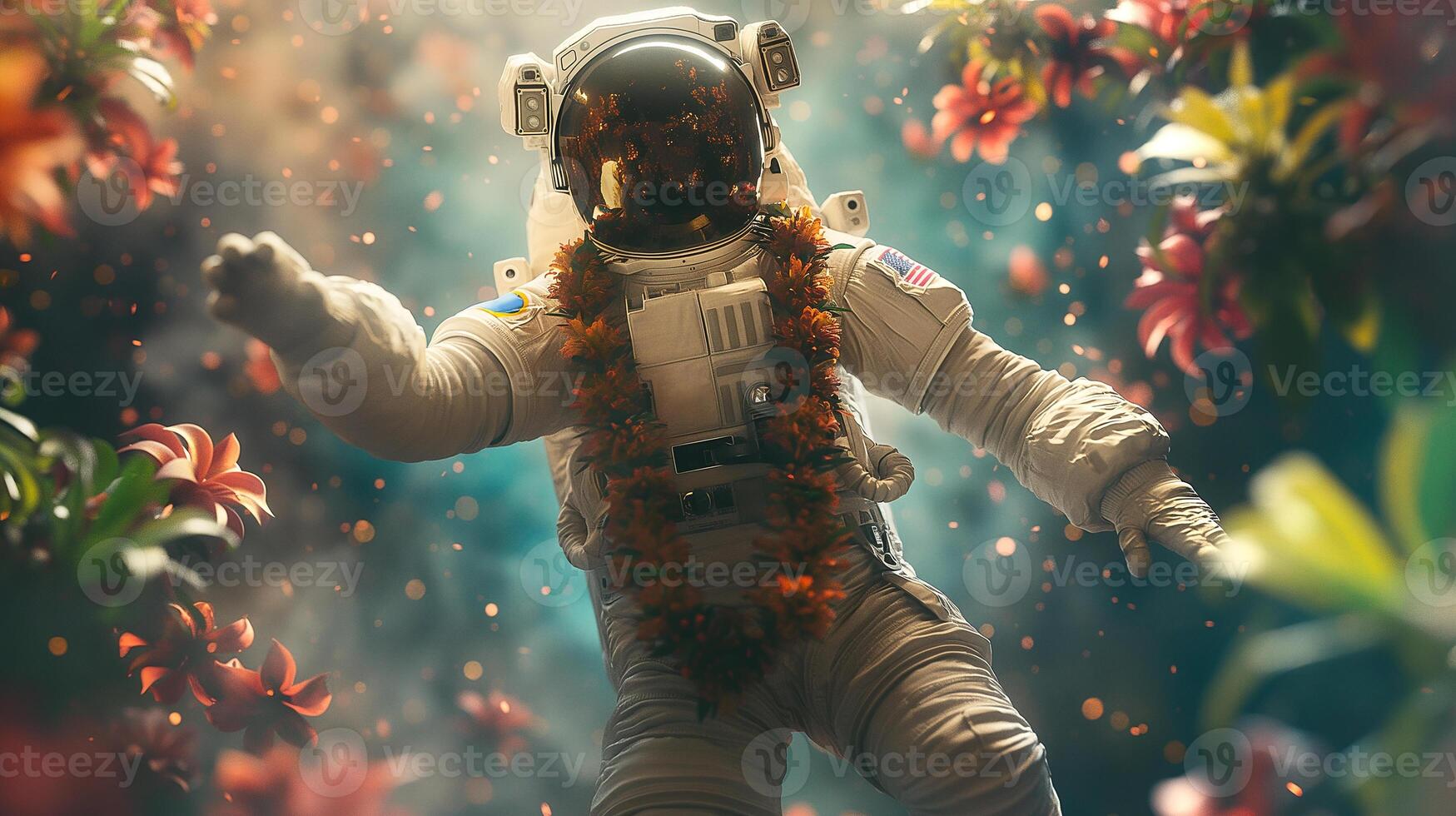 This astronaut floats gracefully in zero gravity amidst colorful flowers, showcasing space tourism. photo
