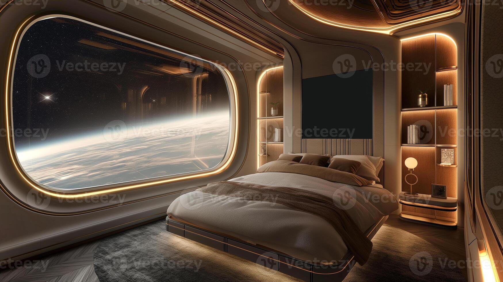 This luxurious bedroom in a space hotel features a large window showcasing Earth's beauty from orbit. photo