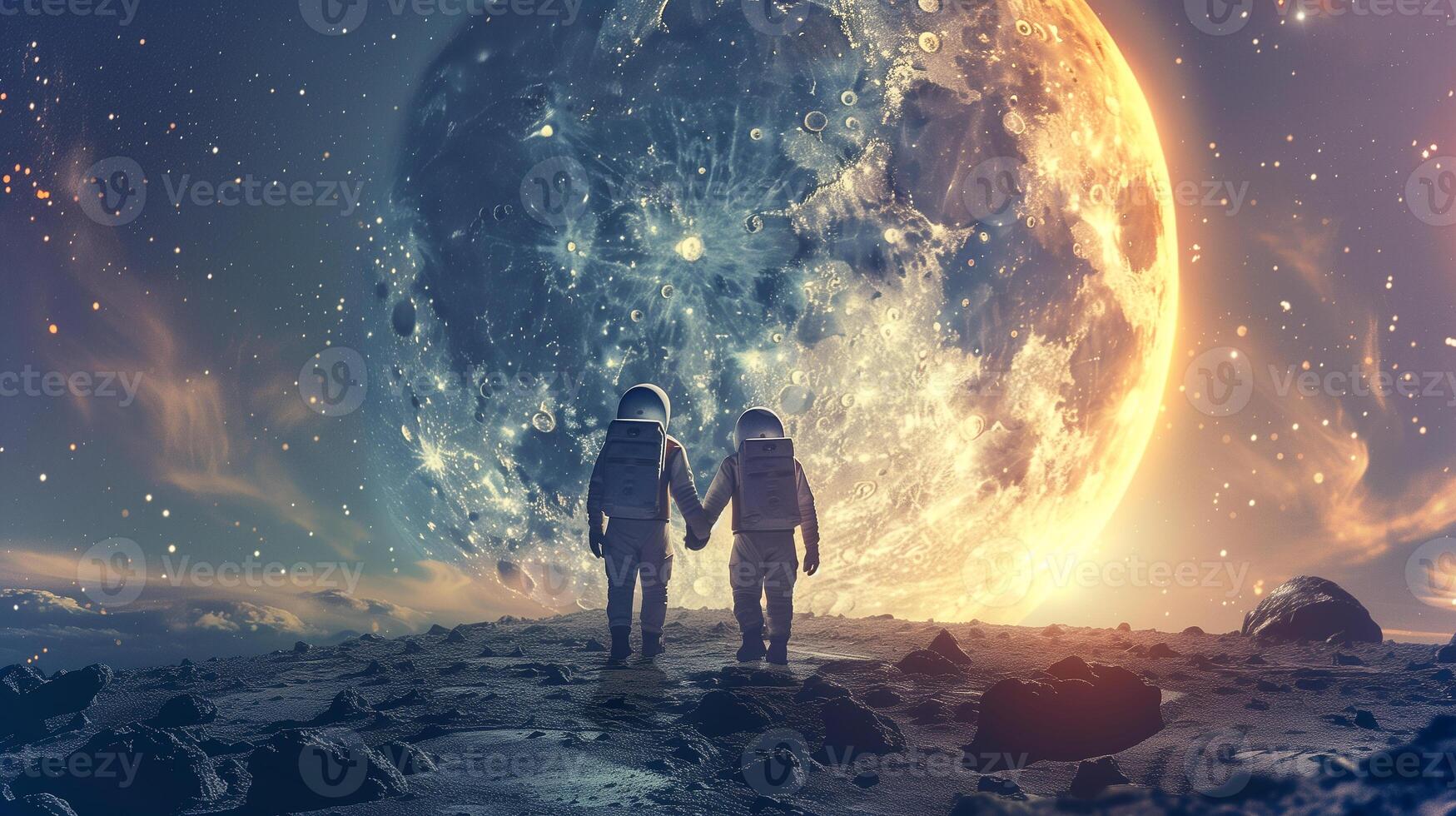 This Two astronauts stand hand in hand on the moon, gazing at the vast cosmos and towering moon. photo