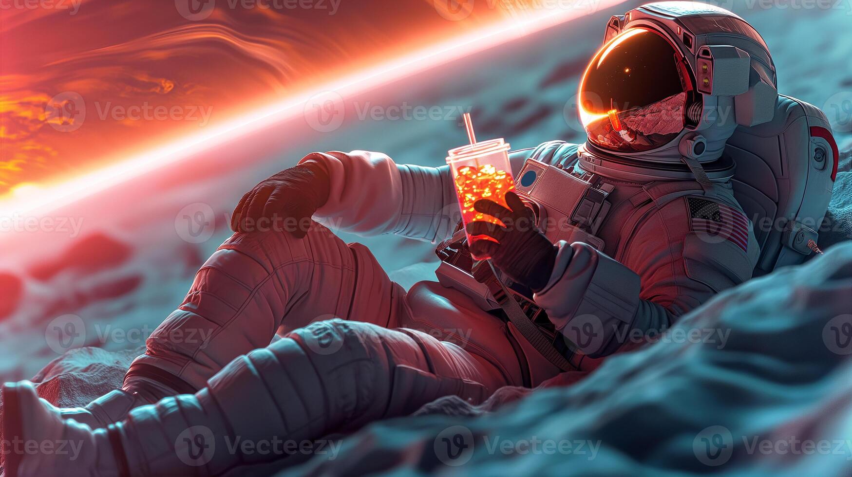 This astronaut relaxes with a drink on the moon during a space tourism trip. photo