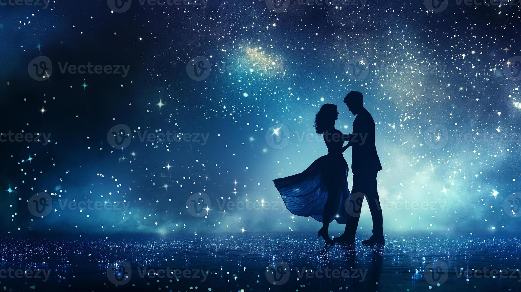 This couple dances under a starry sky, capturing the excitement of space tourism. photo