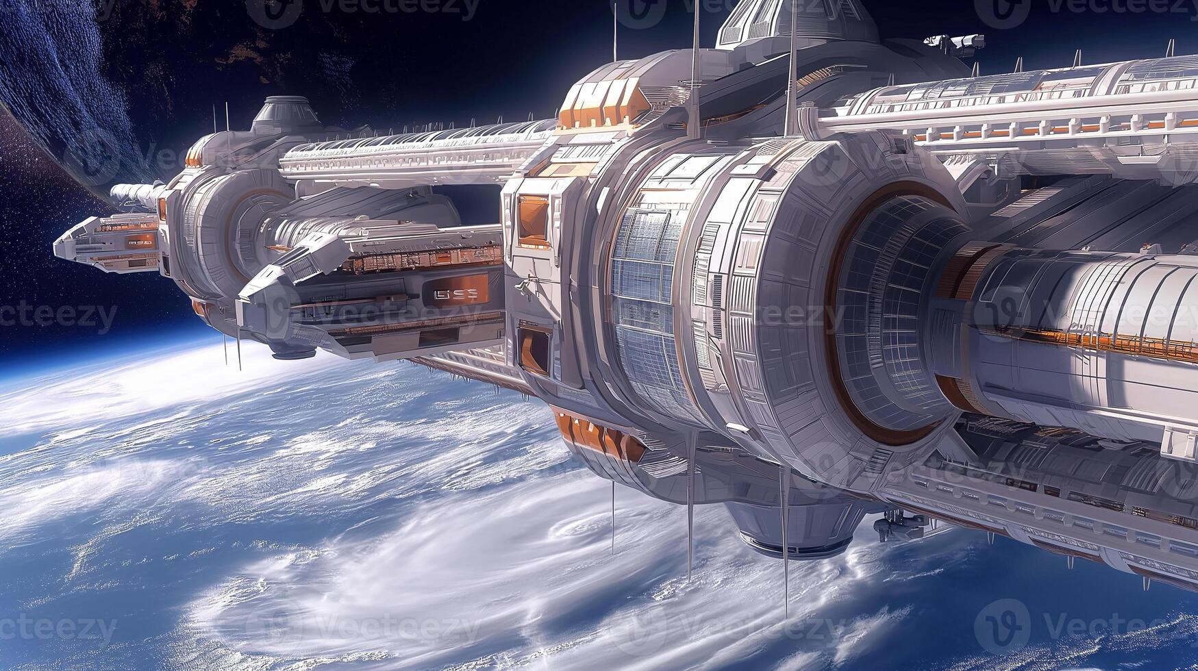 This Tourists enjoy zero gravity experiences in a luxury space hotel orbiting the planet. photo