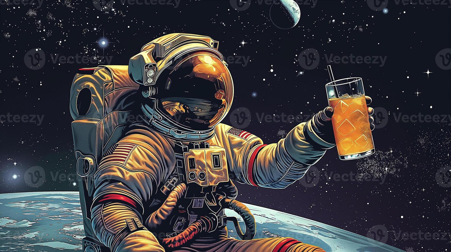 This astronaut holds a drink while floating in zero gravity, with Earth visible below. photo