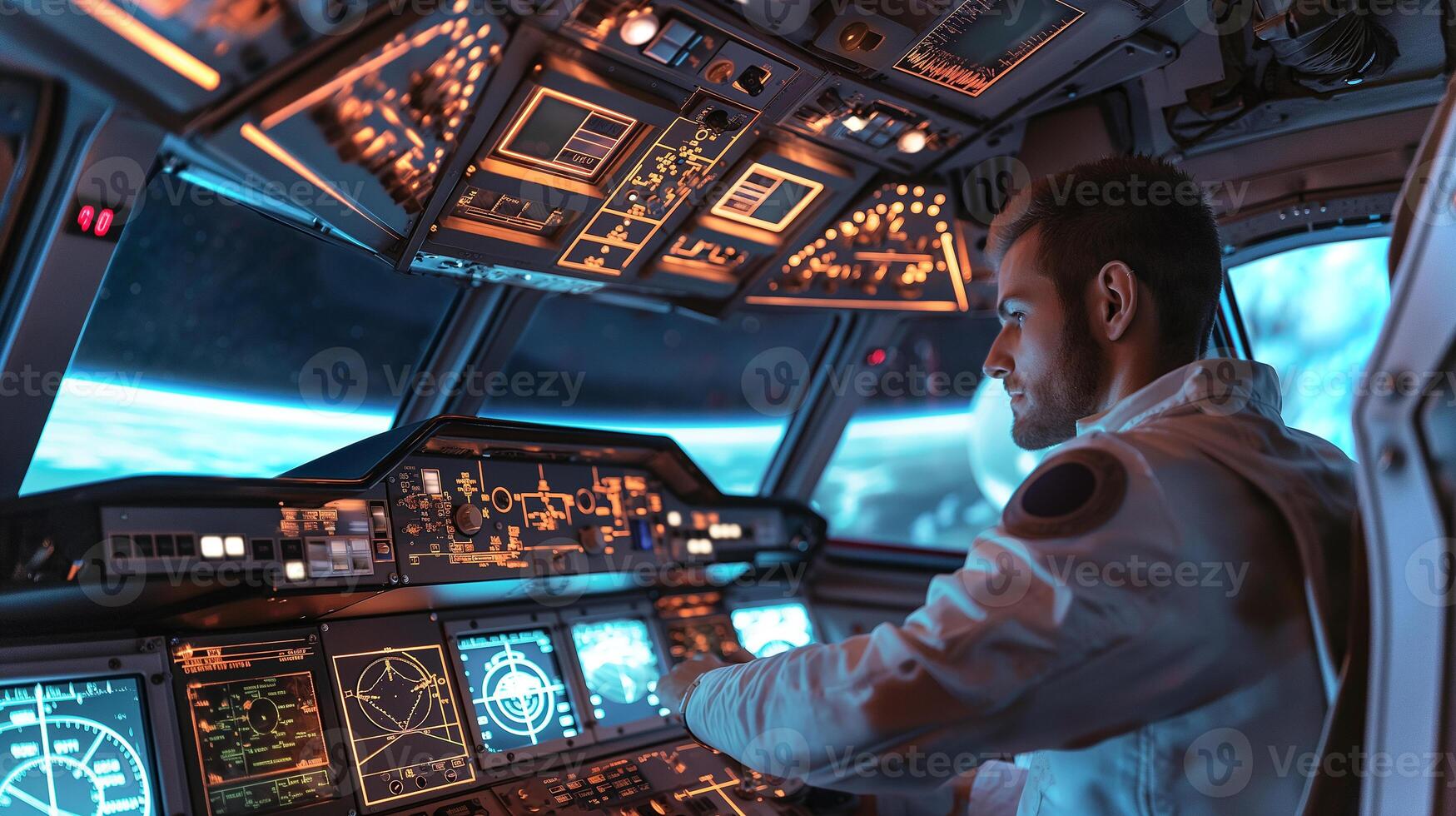 This passenger in a spaceplane suit glides through suborbital space, enjoying stunning views. photo