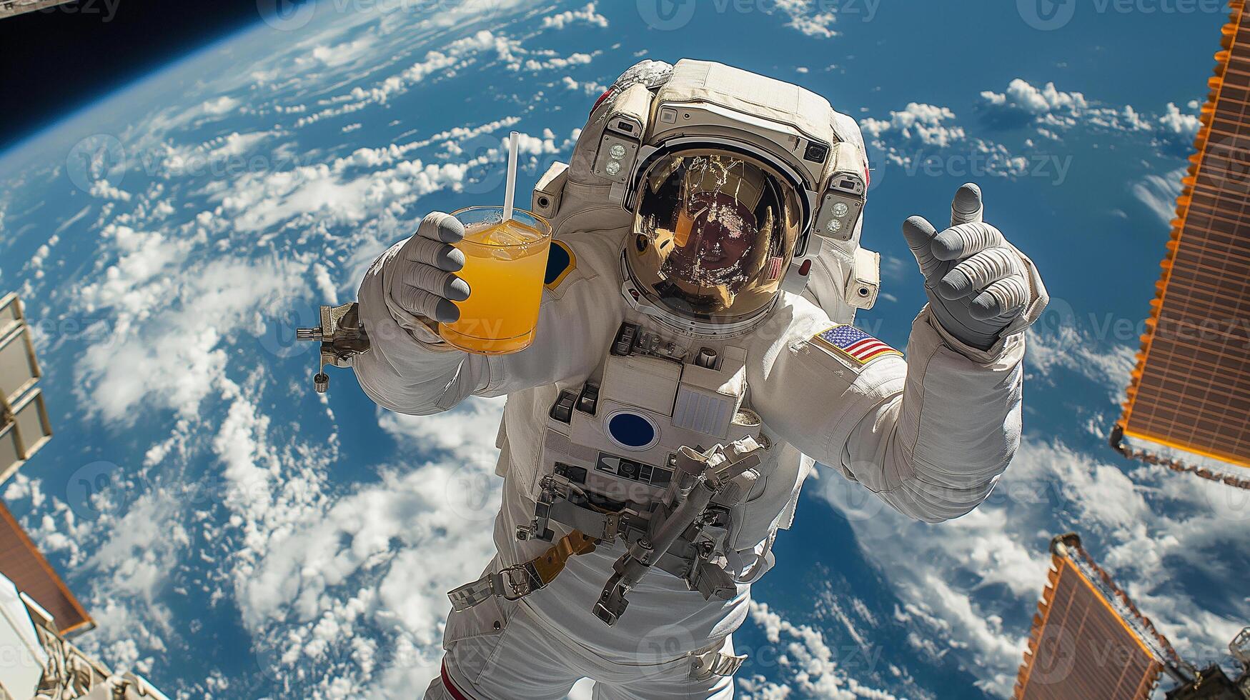 This Astronaut floats in zero gravity, holding a refreshing drink while surrounded by Earth. photo