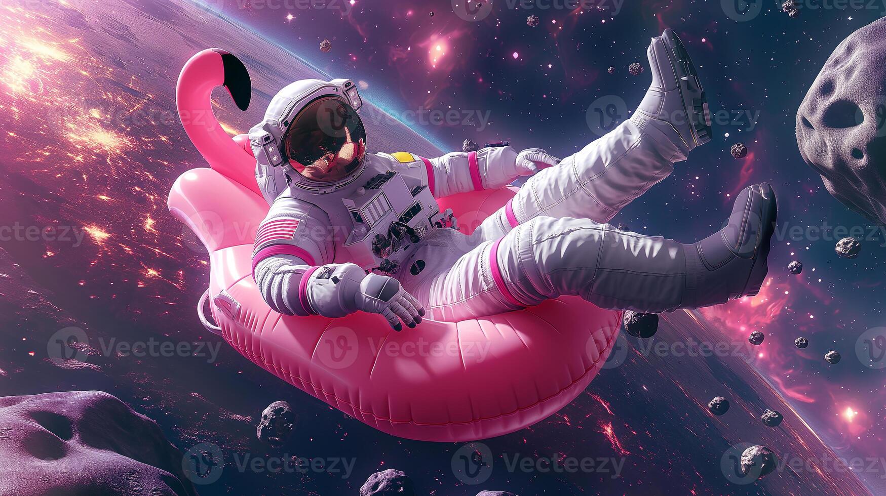 This astronaut floats on a pink flamingo in space, surrounded by asteroids. photo